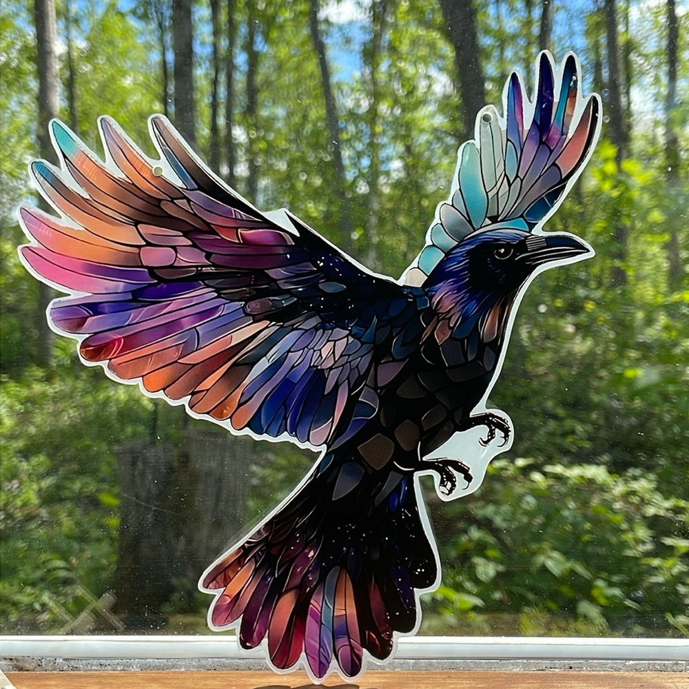 Suncatcher Acrylic Raven Black Bird Faux Stained Glass Gothic Decor Crow